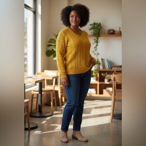 St. John’s Bay Mustard Yellow Cable Knit V-Neck Sweater Women’s 0X Cotton Blend